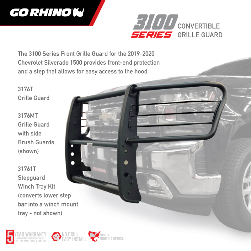 Chevrolet Silverado 1500 Grille Guard - Front - Go Rhino - 3100 Series StepGuard with Brush Guards - Textured Black - `19-`20